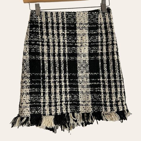 Goodnight Macaroon Black Cream Tweed Fringe Plaid Button Front Mini Skirt Small - Picture 9 of 9